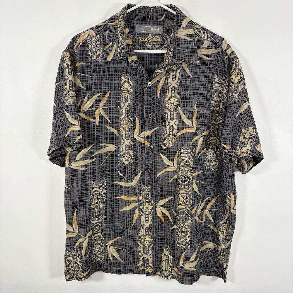 Tori Richard Short Sleeve Button Up 100% Silk Hawaiian Shirt Mens XL Gray Floral